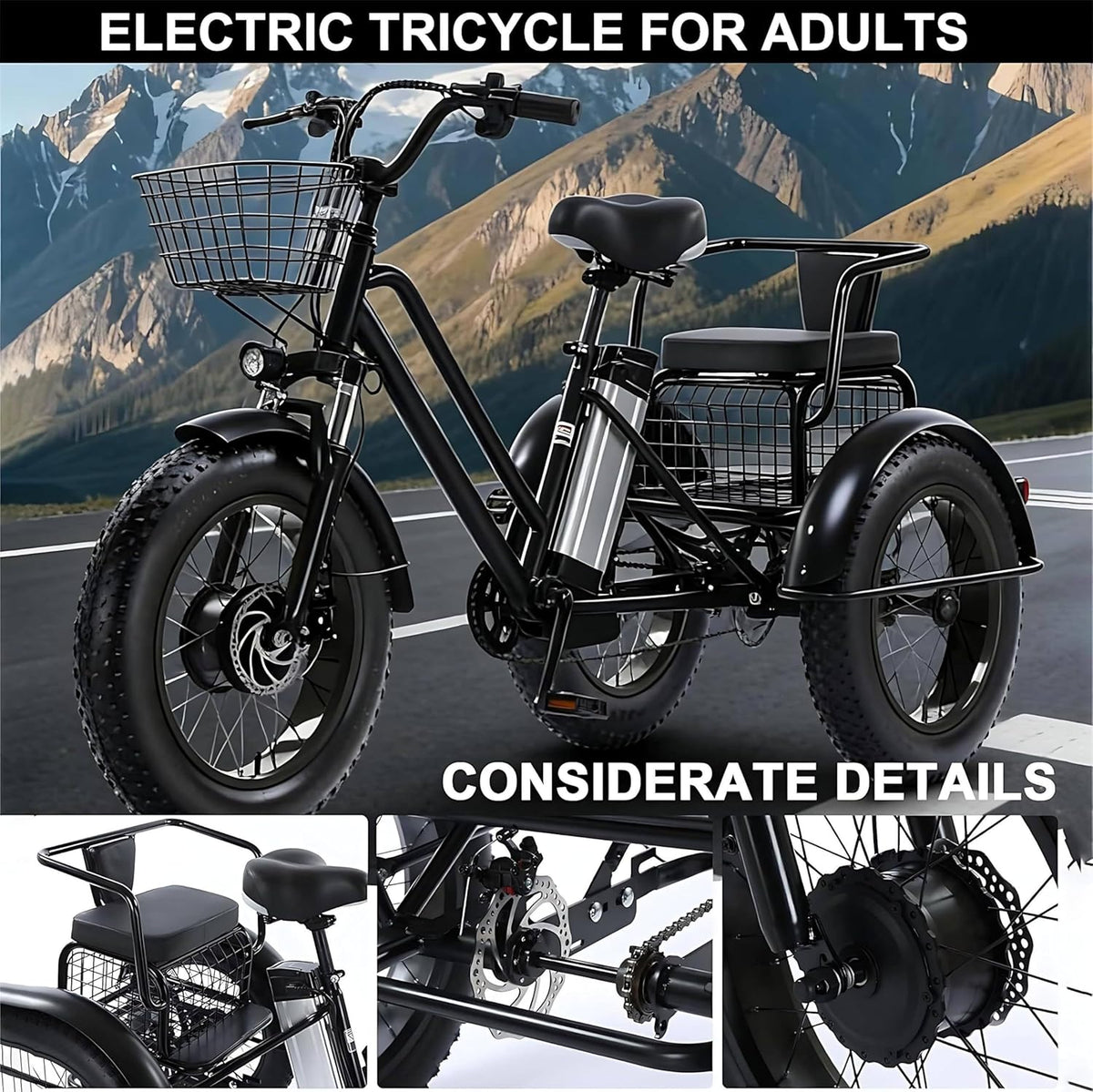 2026 Triciclo Eléctrico Para Adultos,Con Neumáticos Anchos Todoterreno De 20" X 4.0,Cesta De La Compra Y Asiento Trasero,Batería Extraíble De 48v/12ah,Carga 200 Kg,Ideal Para Ir De Compras, Pícnics