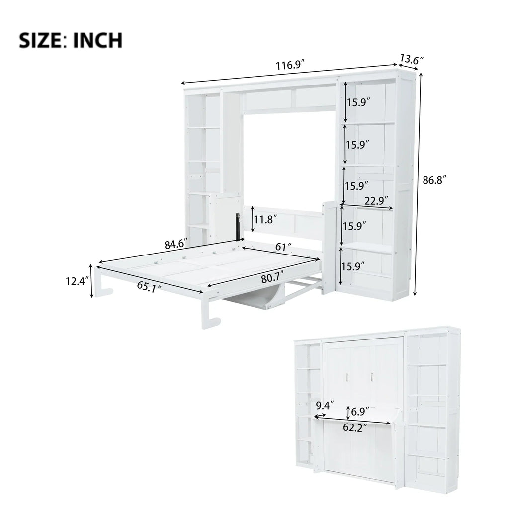 2026 NewQueen Size Murphy Bed with Desk and Bookshelf(White)