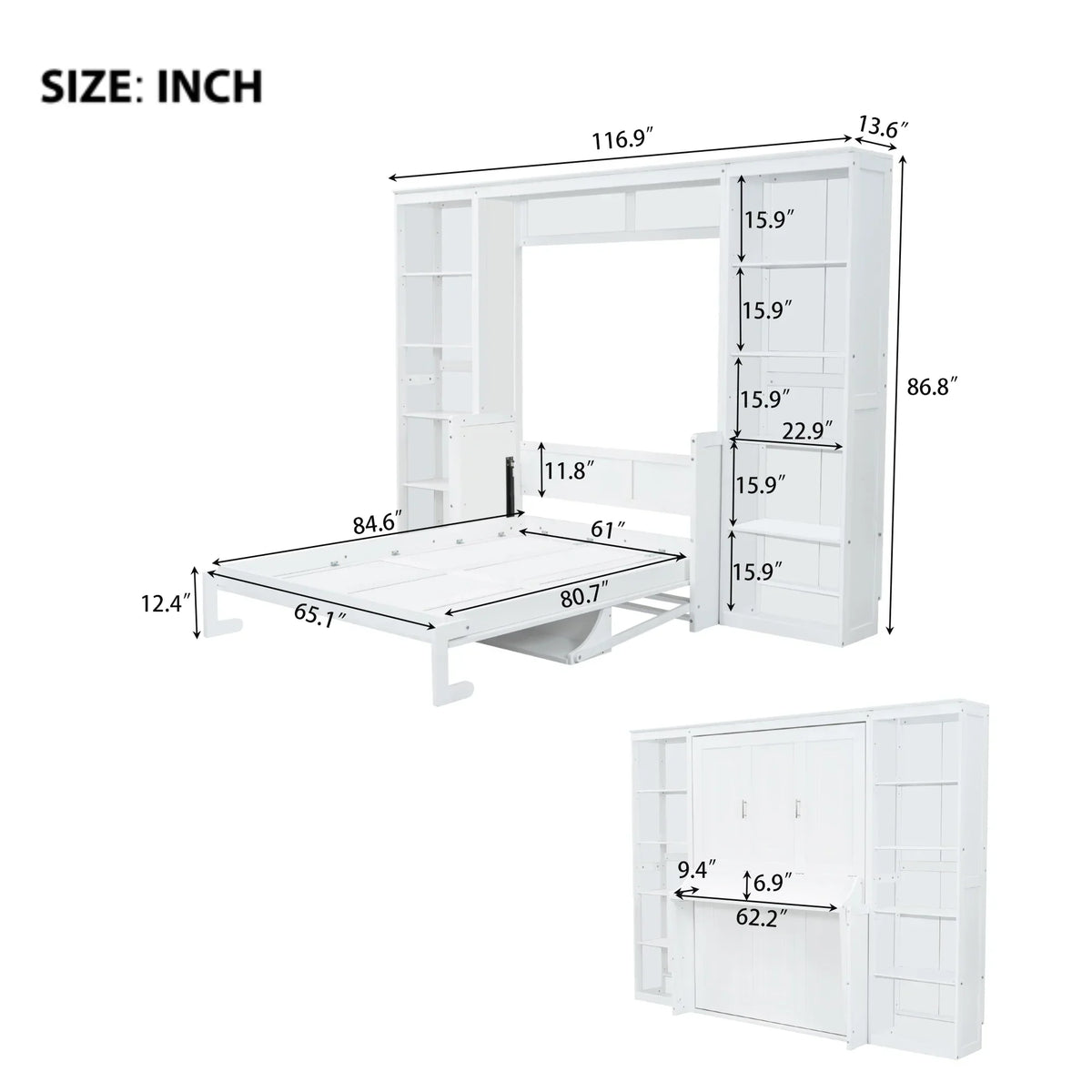 2026 NewQueen Size Murphy Bed with Desk and Bookshelf(White)