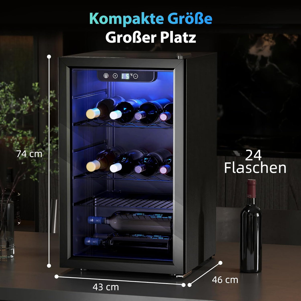 2026 Vinoteca HOMCOM para 24 botellas, 68 litros, mueble pequeño para vinos, enfriador de bebidas/botellas con puerta de doble cristal, 4-16 °C, iluminación LED, pantalla táctil digital, nevera para vinos, color negro.