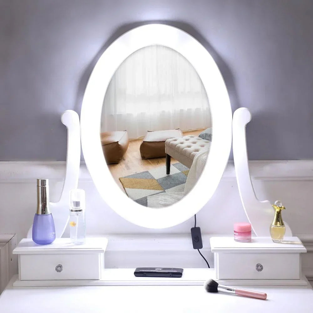 2026 NewKtaxon Vanity Table 10 LED Lights, 5 Drawers Makeup Dressing Desk with Cushioned Stool Set,Bedroom Vanities Set White