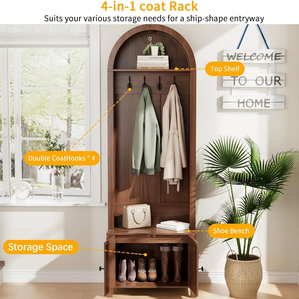 2026 NewLUCKYELF Hall Tree with Shoe Storage, Entryway Bench with 4 Hooks and 2 Doors, Arch Coat Rack Cabinet for Hallway