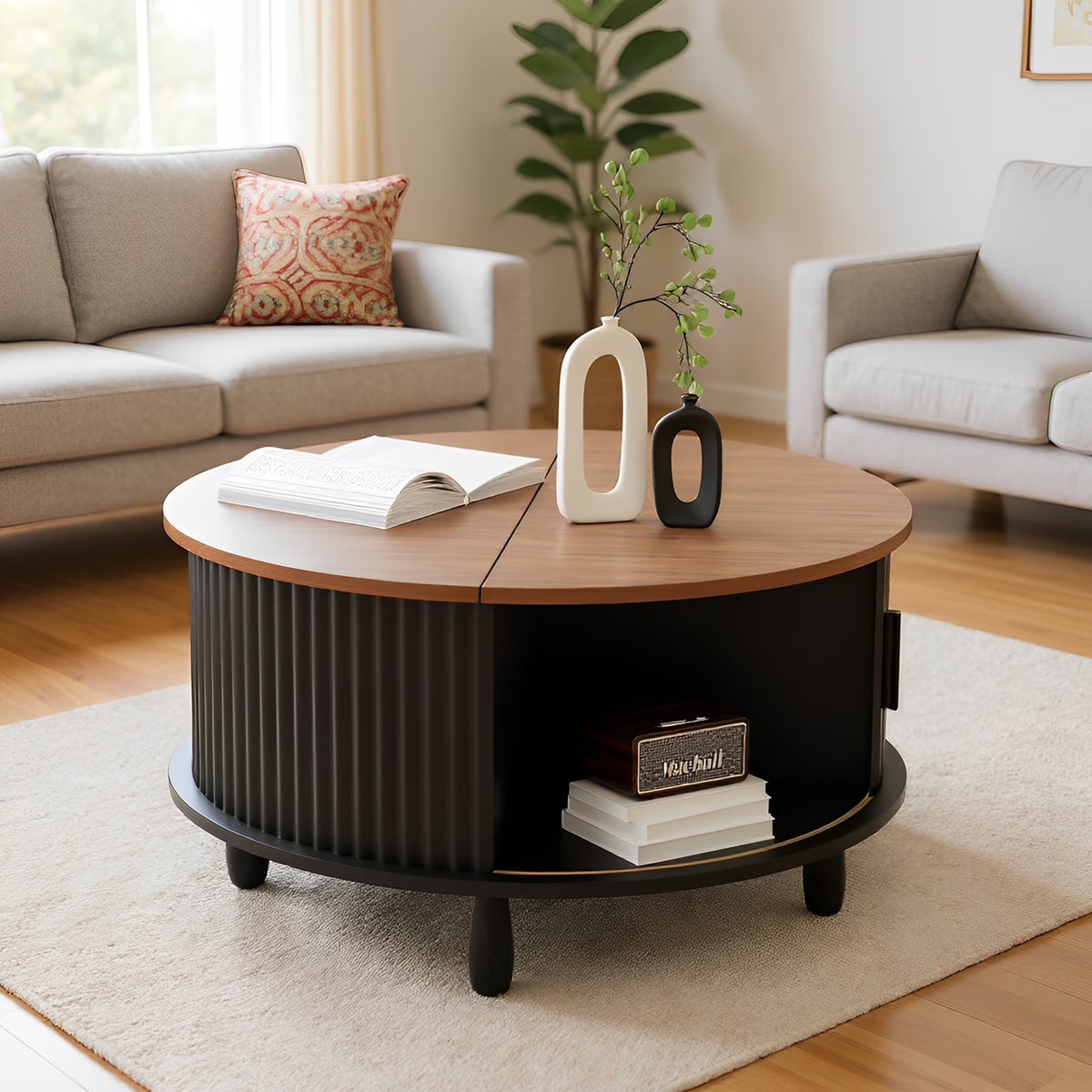 2026 NewRUMLIVE Round Coffee Table with Storage, 30.7" Modern Coffee Table with 360" Curved Sliding Door, Fluted Wood Coffee Table with Footpads, Round Center Table for Living Room, Black