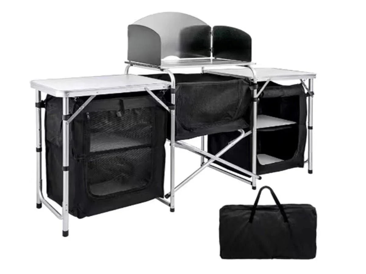 2026 NewInch Aluminum Portable Fold-Up Camping Kitchen with Windscreen and 5 Enclosed Cupboards, Cook Station, for BBQ, Camping, Picnic, Backyard