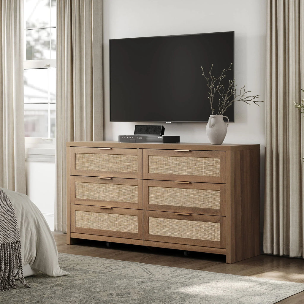 2026 NewSICOTAS 56.85" 6 Drawer Dresser,Rattan Dresser with Storage,Boho Dressers & Chests of Drawers Wooden Tall Dresser for Bedroom