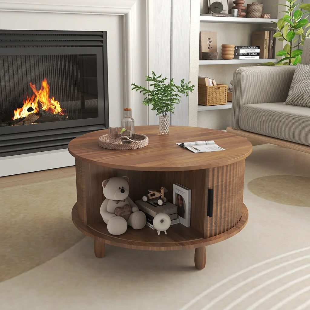 2026 NewRUMLIVE Round Coffee Table with Storage, 30.7" Modern Coffee Table with 360" Curved Sliding Door, Fluted Wood Coffee Table with Footpads, Round Center Table for Living Room, Black