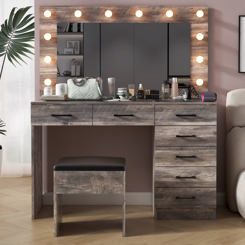 2026 NewKtaxon Large Makeup Vanity, Vanity Table Set w/ Visible Glass Top w/ Charging Station, White