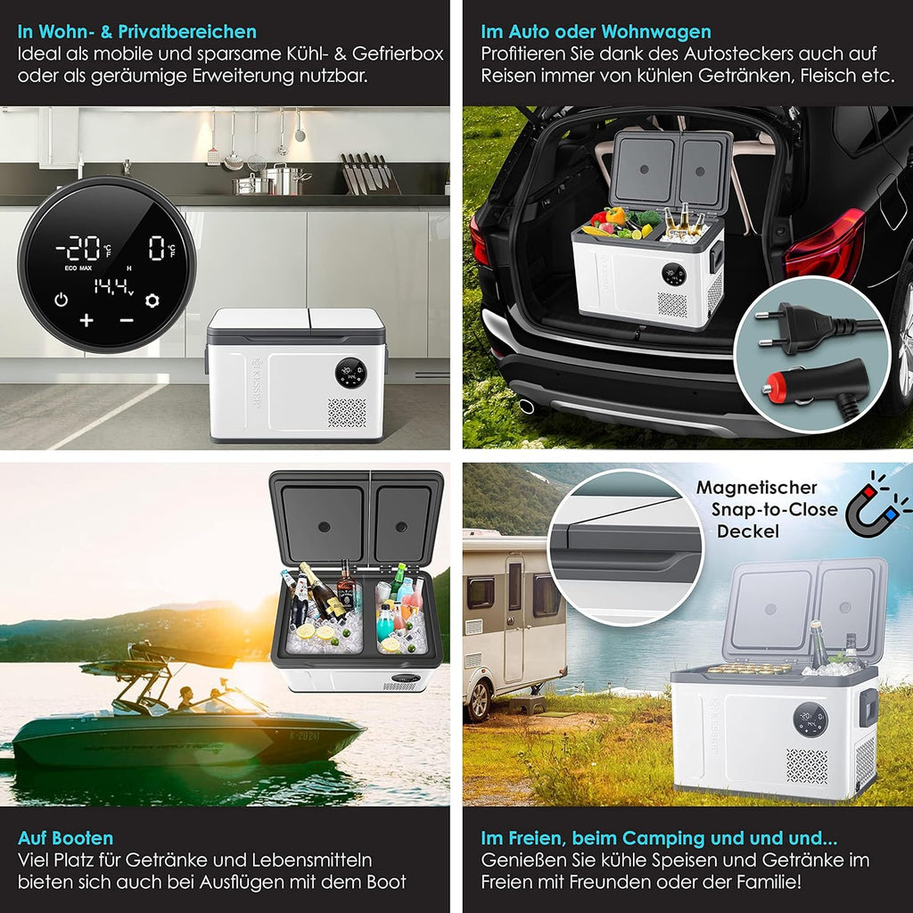 2026 Nevera portátil con compresor KESSER 2 en 1, doble zona de refrigeración y congelación, con 2 acumuladores de frío y control táctil LED | Refrigerador con capacidad de enfriamiento hasta -20 °C para camping, coche y camión, 12/24 V 230 V