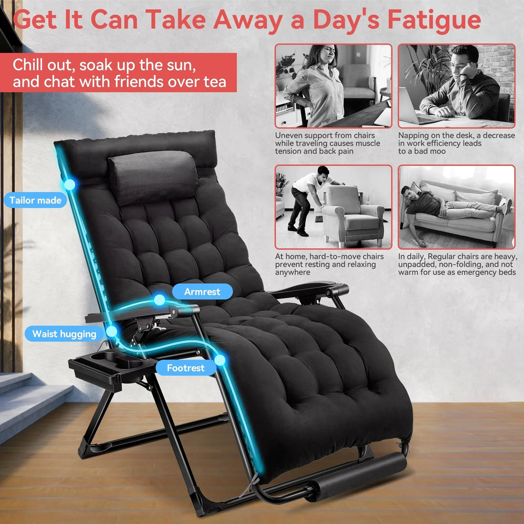 2026 NewVECUKTY XXL Oversize Zero Gravity Chair - 500lb Capacity, 33-Inch Wide Padded Seat, Folding Travel Recliner for Outdoor / Indoor Use - Patio, Lawn, Black, Portable and Heavy Duty