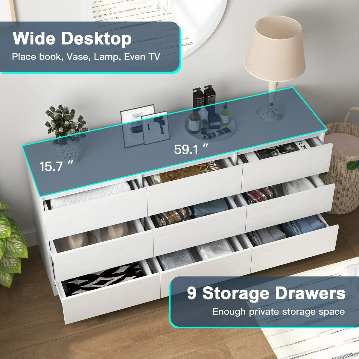2026 NewResenkos Modern Mid Century 6 Drawer Wide Dressers Chests for Bedroom, Chest of Drawer Organizer Grey