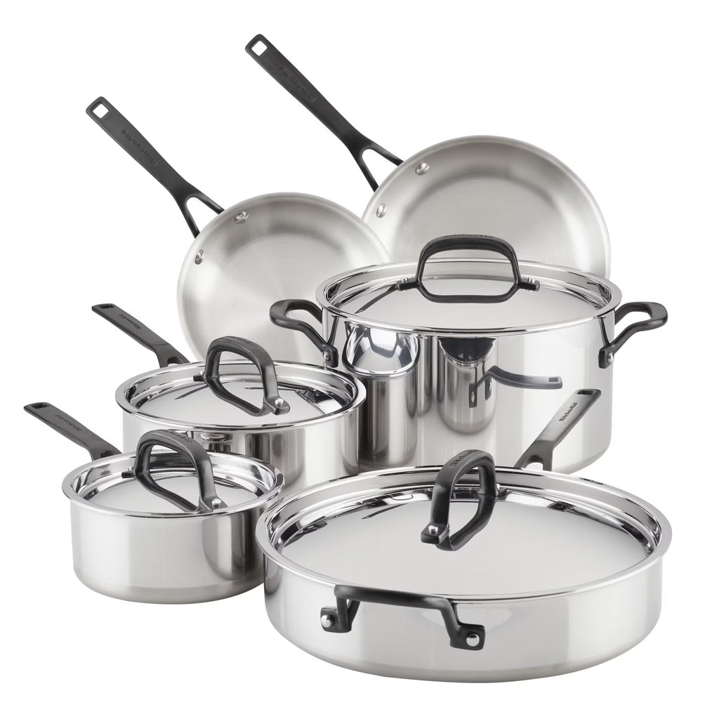 2026 NewKitchenAid 5-Ply Clad 10 Pcs Stainless Steel Cookware Induction Pots and Pans Set, Dishwasher Safe, Metal Utensil, Broiler and Oven Safe to 500" F, Polished Stainless Steel