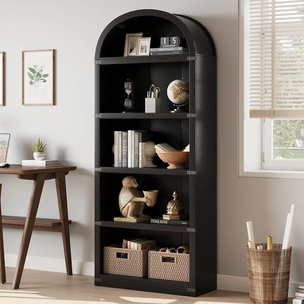 2026 NewBookcase 5 Shelf Arched Bookshelf 71.65in Tall Bookcase Farmhouse Display Storage Rack Wooden Bookshelves for Home Office, Living Room(white)