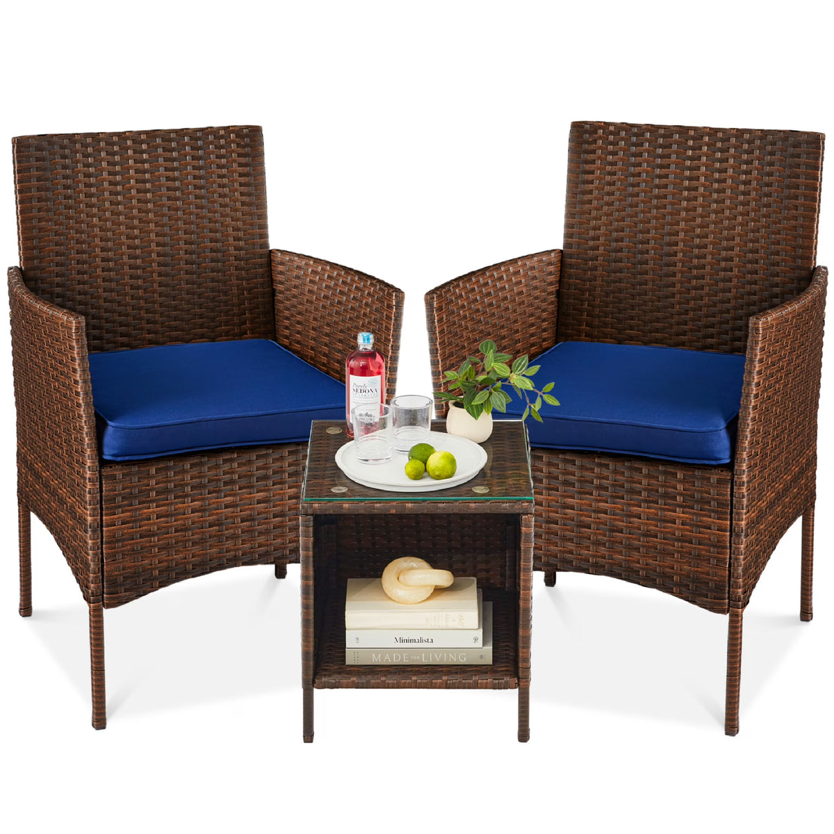 2026 NewBest Choice Products 3-Piece Outdoor Wicker Conversation Patio Bistro Set, w/ 2 Chairs, Table - Gray/Navy