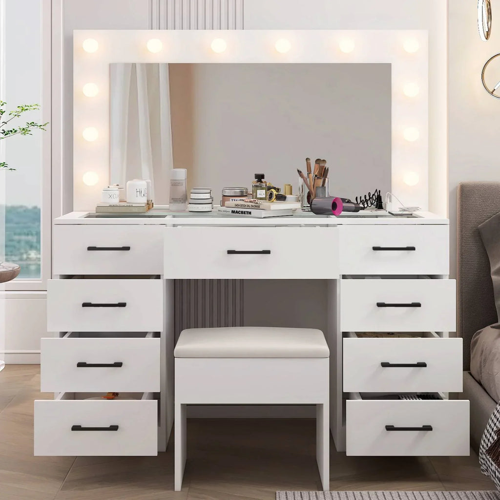 2026 NewKtaxon Large Makeup Vanity, Vanity Table Set w/ Visible Glass Top w/ Charging Station, White