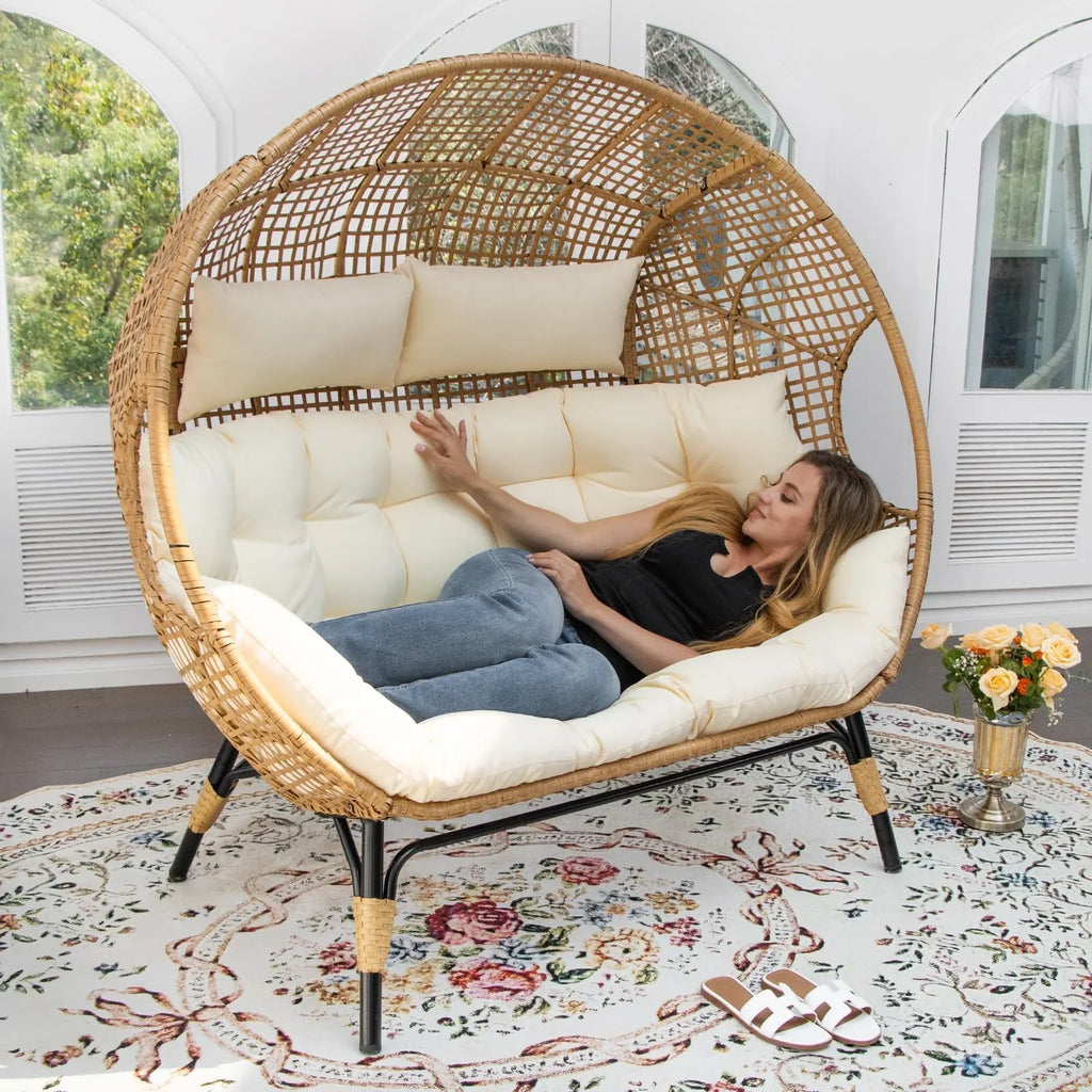 2026 NewRADIATA Double Egg Chair for 2 Person, Oversized Wicker Loveseat with Thick Cushions, 680 lbs Capacity, Indoor Outdoor Stationary Patio Lounge Chair for Balcony, Garden, Beige