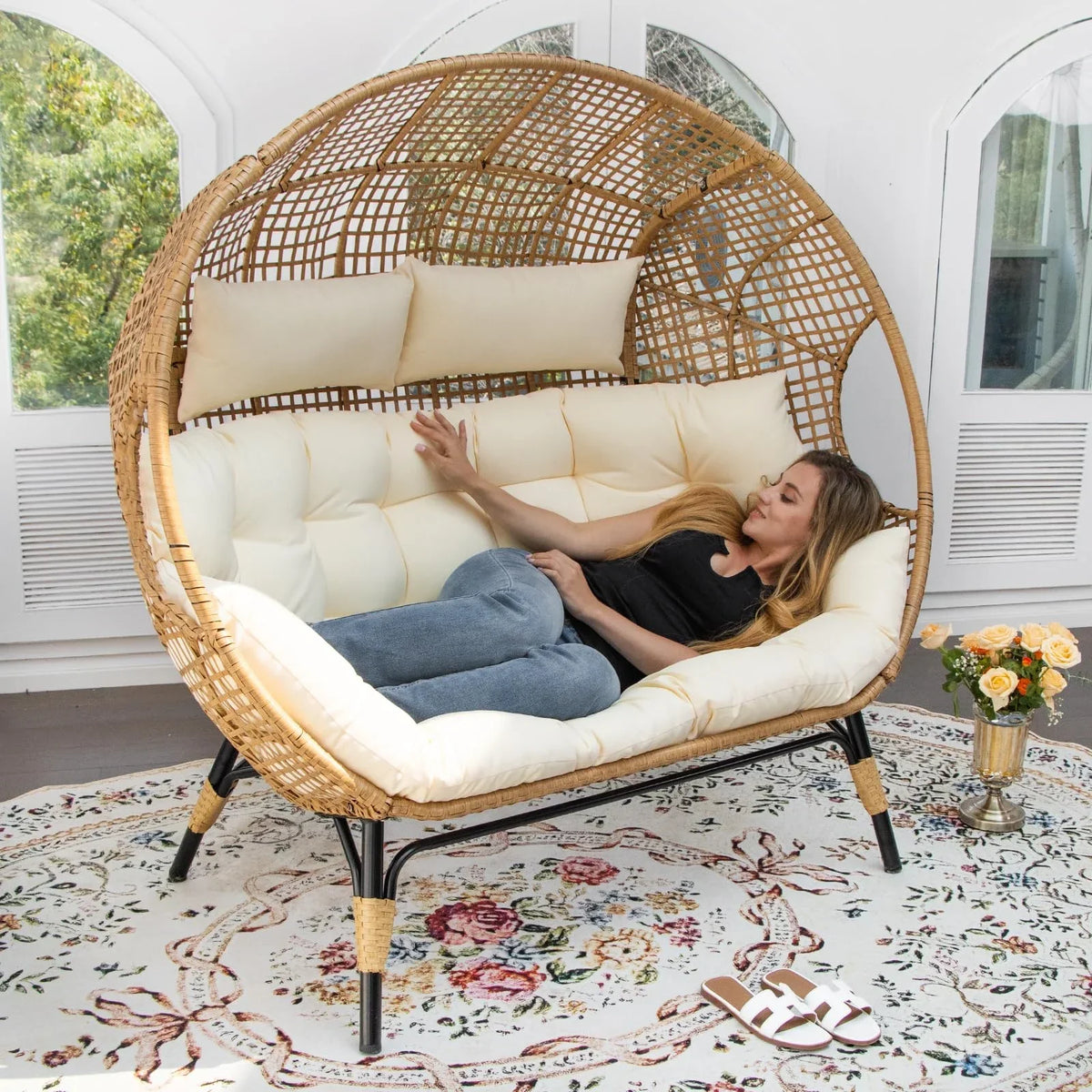 2026 NewRADIATA Double Egg Chair for 2 Person, Oversized Wicker Loveseat with Thick Cushions, 680 lbs Capacity, Indoor Outdoor Stationary Patio Lounge Chair for Balcony, Garden, Beige
