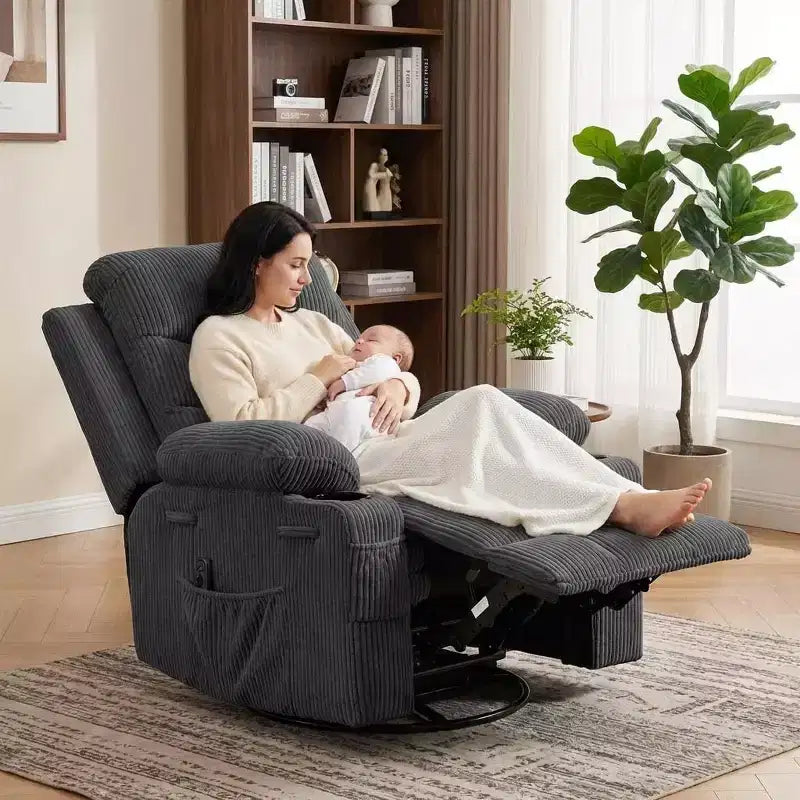 2026 Sillón reclinable mecedora giratorio 360° extragrande con masaje y calor, portavasos y bolsillos