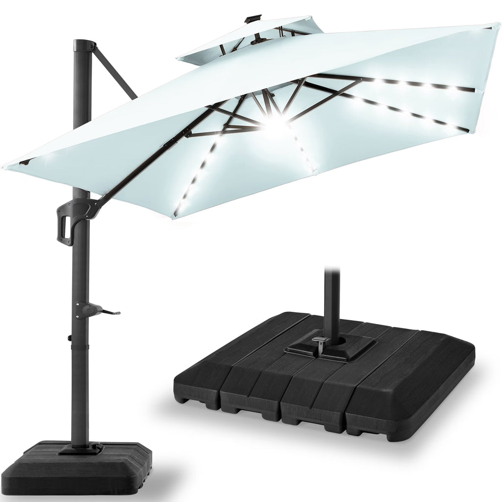 2026 NewBest Choice Products 10x10ft 2-Tier Square Outdoor Solar LED Cantilever Patio Umbrella w/ Base Included - Tan