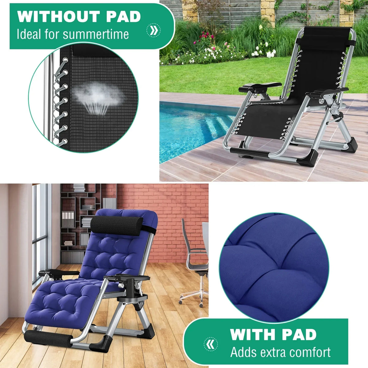 2026 NewNAIZEA 2 Pack Zero Gravity Chair, Foldable Portable Lawn Recliner with Cushion, Headrest, Cup Holder, Black