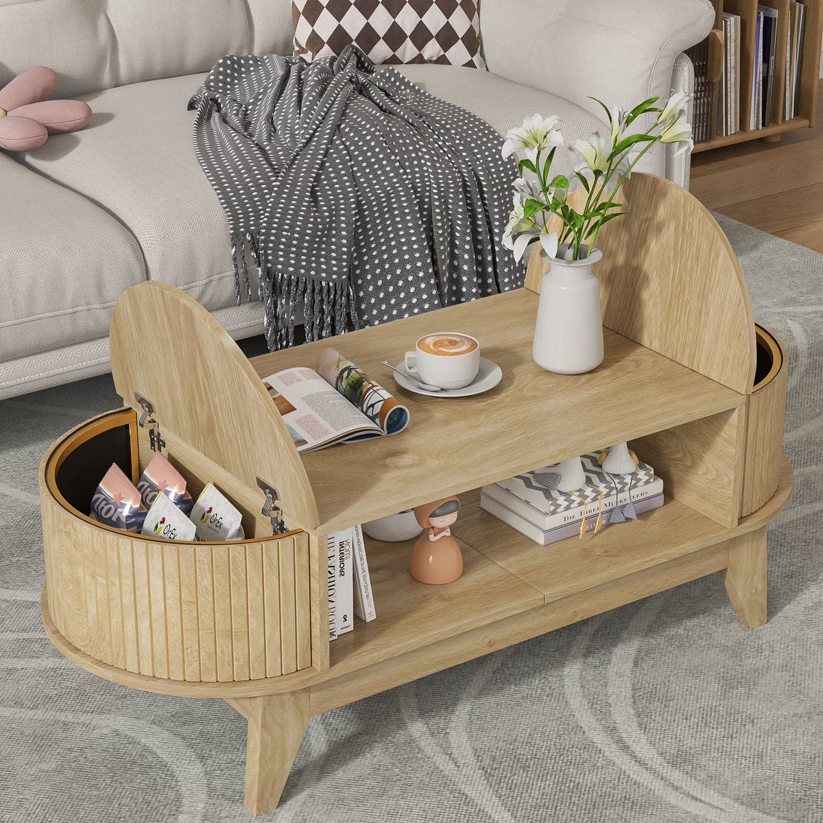 2026 NewFluted Coffee Table with Storage, Modern Coffee Tables, Wood Accent Center Table