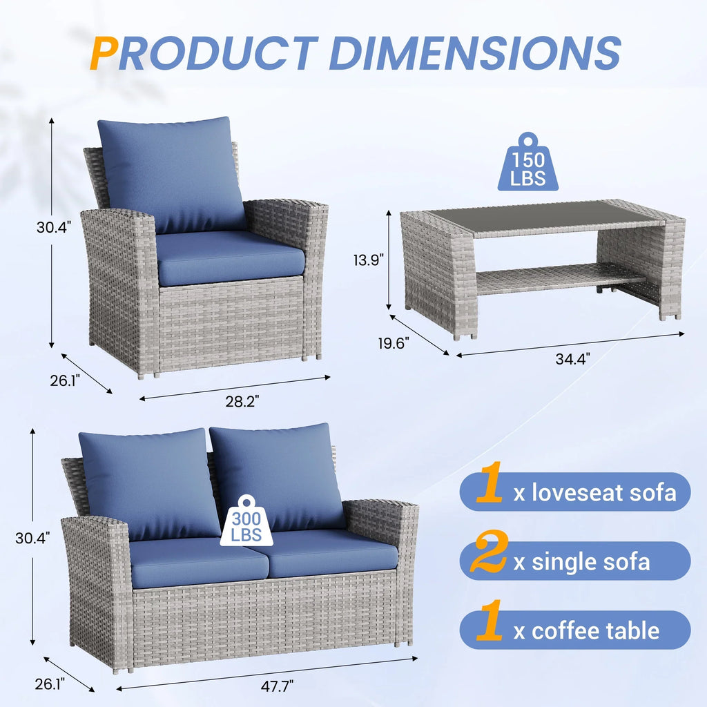 2026 NewUDPATIO Wicker Patio Furniture Set, 4 Piece Outdoor Sectional Conversation Sets, Gray PE Rattan Patio Sofa Set for Balcony, Porch, Backyard, Grey