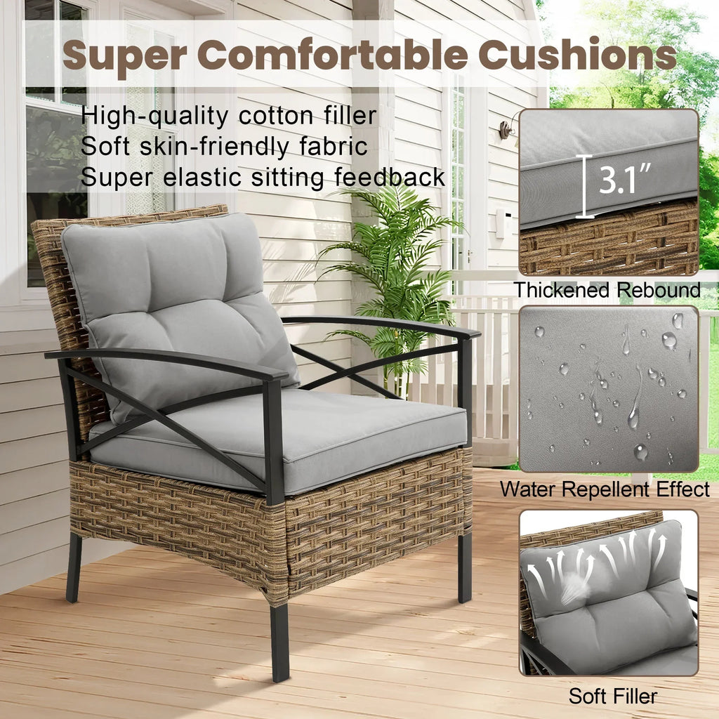 2026 NewHeavy-duty Patio Furniture Set, 4 Piece Outdoor Sectional Conversation Sets, BrownPE Rattan Patio Sofa Set with Blue Cushions