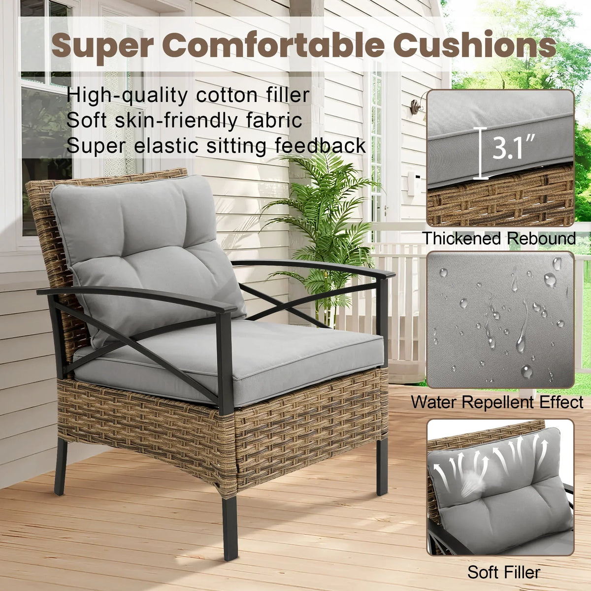 2026 NewHeavy-duty Patio Furniture Set, 4 Piece Outdoor Sectional Conversation Sets, BrownPE Rattan Patio Sofa Set with Blue Cushions