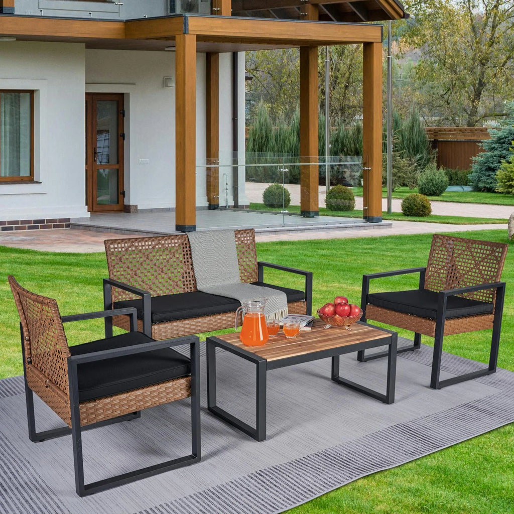 2026 NewHeavy-duty Patio Furniture Set, 4 Piece Outdoor Sectional Conversation Sets, BrownPE Rattan Patio Sofa Set with Blue Cushions