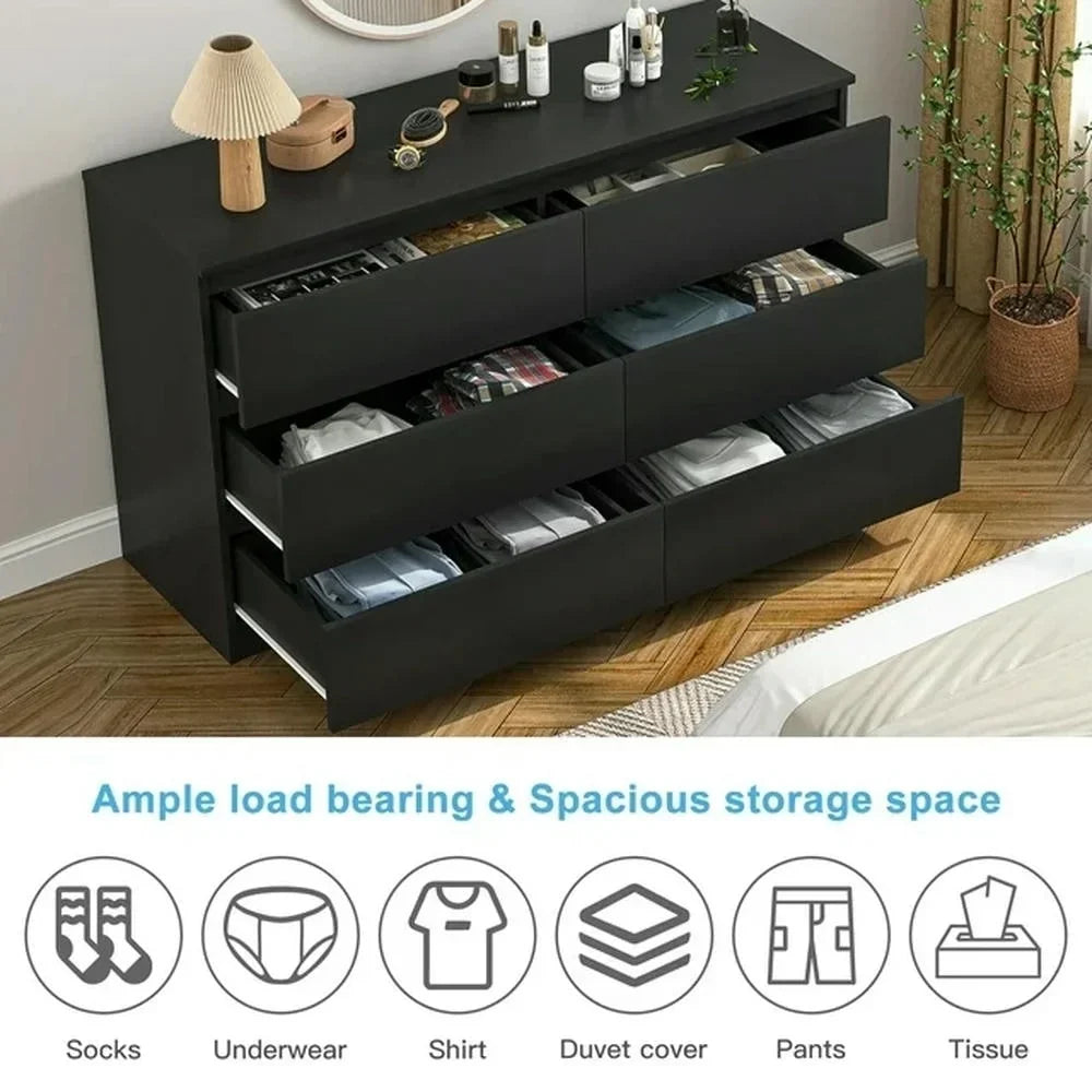 2026 NewKadyn Modern 6 Drawer Dresser Wood Cabinet,Dresser for Bedroom, Kitchen Storage Cabinet with Drawers, Chest of Drawers(Black)