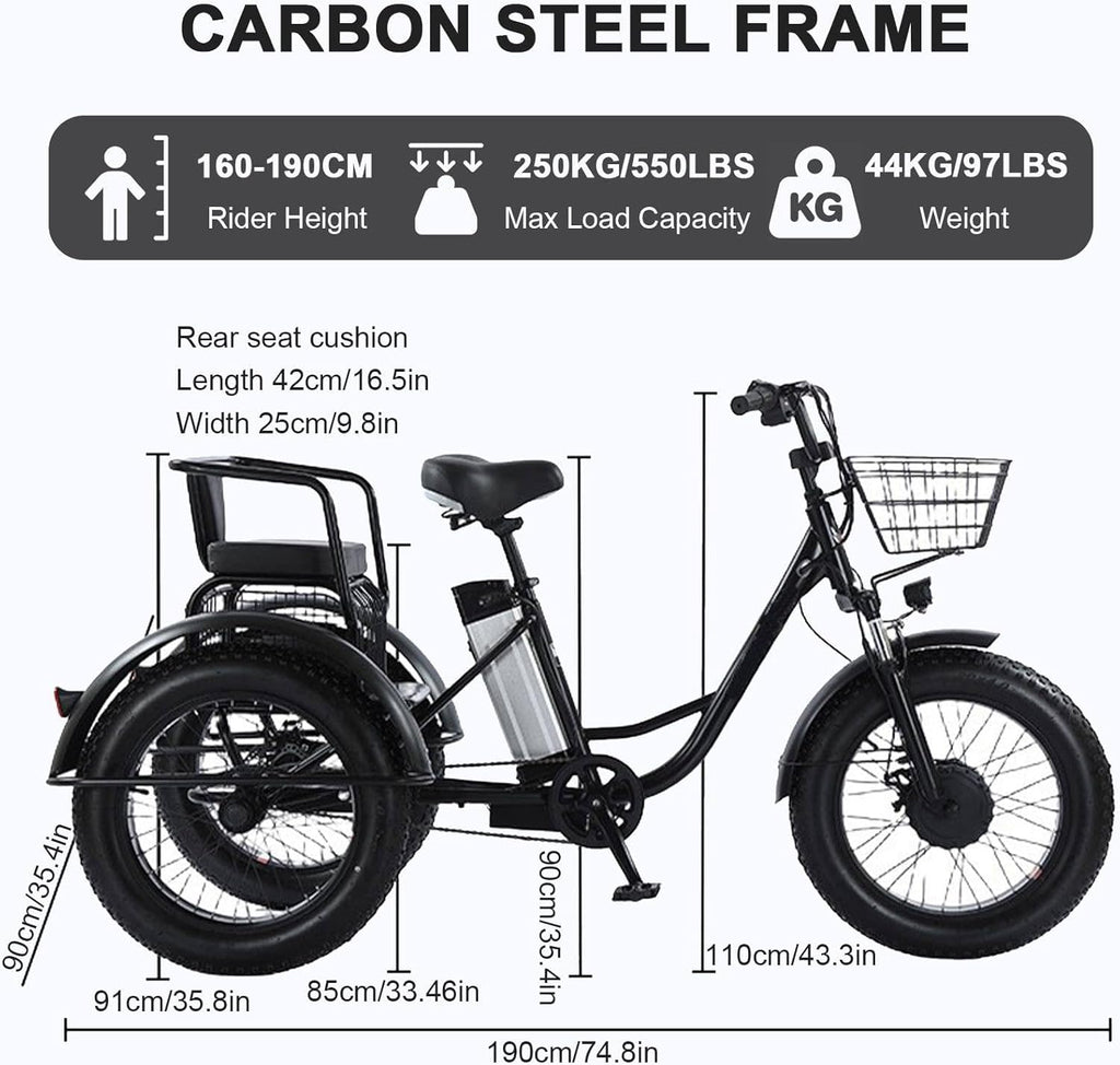 2026 Triciclo Eléctrico Para Adultos,Con Neumáticos Anchos Todoterreno De 20" X 4.0,Cesta De La Compra Y Asiento Trasero,Batería Extraíble De 48v/12ah,Carga 200 Kg,Ideal Para Ir De Compras, Pícnics