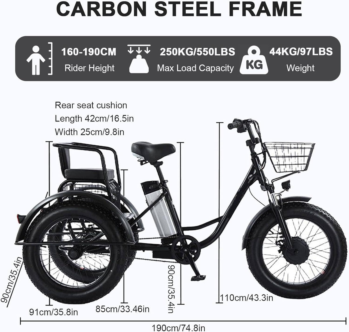 2026 Triciclo Eléctrico Para Adultos,Con Neumáticos Anchos Todoterreno De 20" X 4.0,Cesta De La Compra Y Asiento Trasero,Batería Extraíble De 48v/12ah,Carga 200 Kg,Ideal Para Ir De Compras, Pícnics