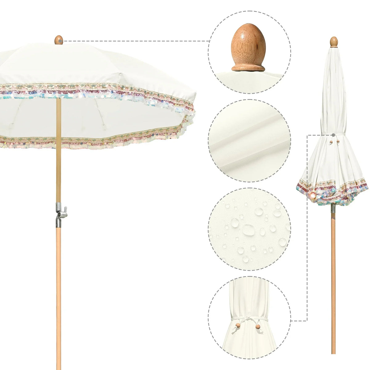 2026 NewLAGarden 6 Ft Fringe Patio Umbrella with Tassel Jazz Age Wood UPF50+ for Outdoor, Beige with gold tassel,Model: JZ6-01