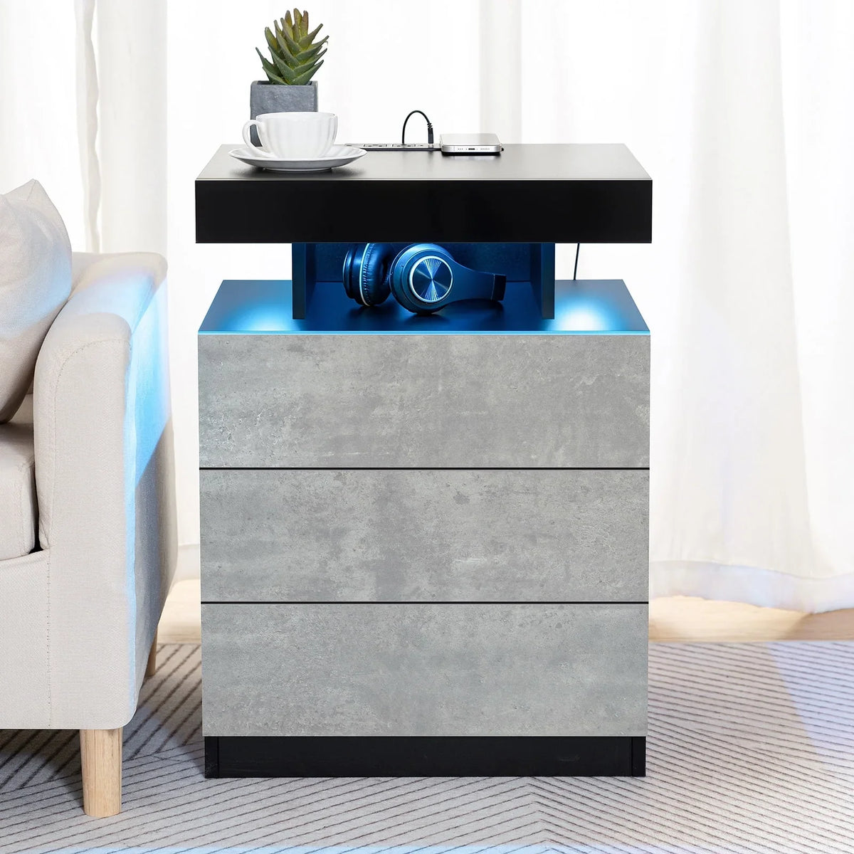2026 NewHommpa LED Nightstand Wireless Charging Station USB Type C Outlets Bedside Table 3 Drawers Black Night Table Modern Smart Nightstand High Gloss End Side Table for Bedroom Furniture 26.8" Tall