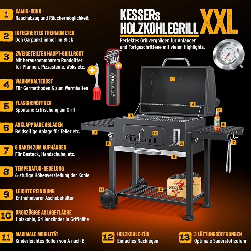2026 KESSER Barbacoa de carbón con carro y tapa, ruedas, mango de acero inoxidable, termómetro, tamaño XXL, gris
