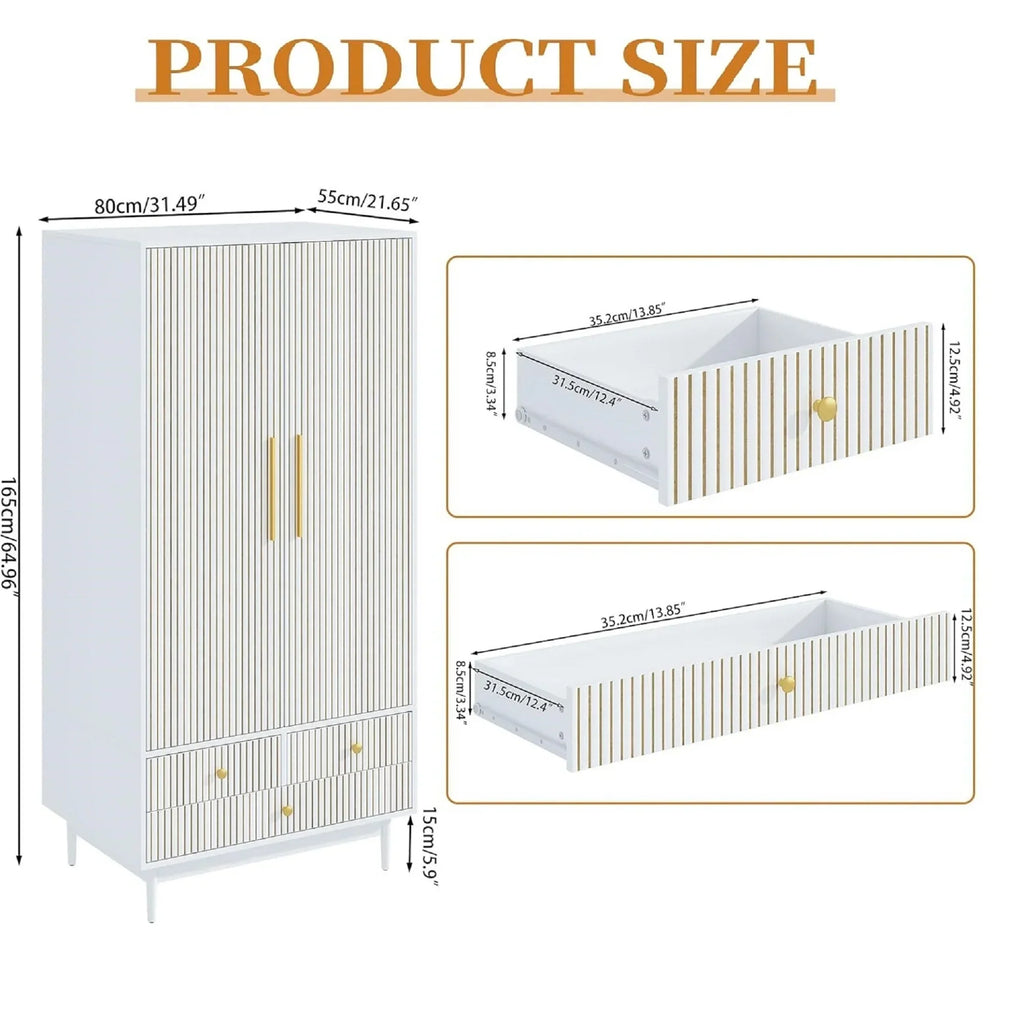 2026 NewArmoire Wardrobe Closet with 2 Doors, Wardrobe Cabinet with Hanging Rod and Drawers, Wooden Closet for Bedroom, White