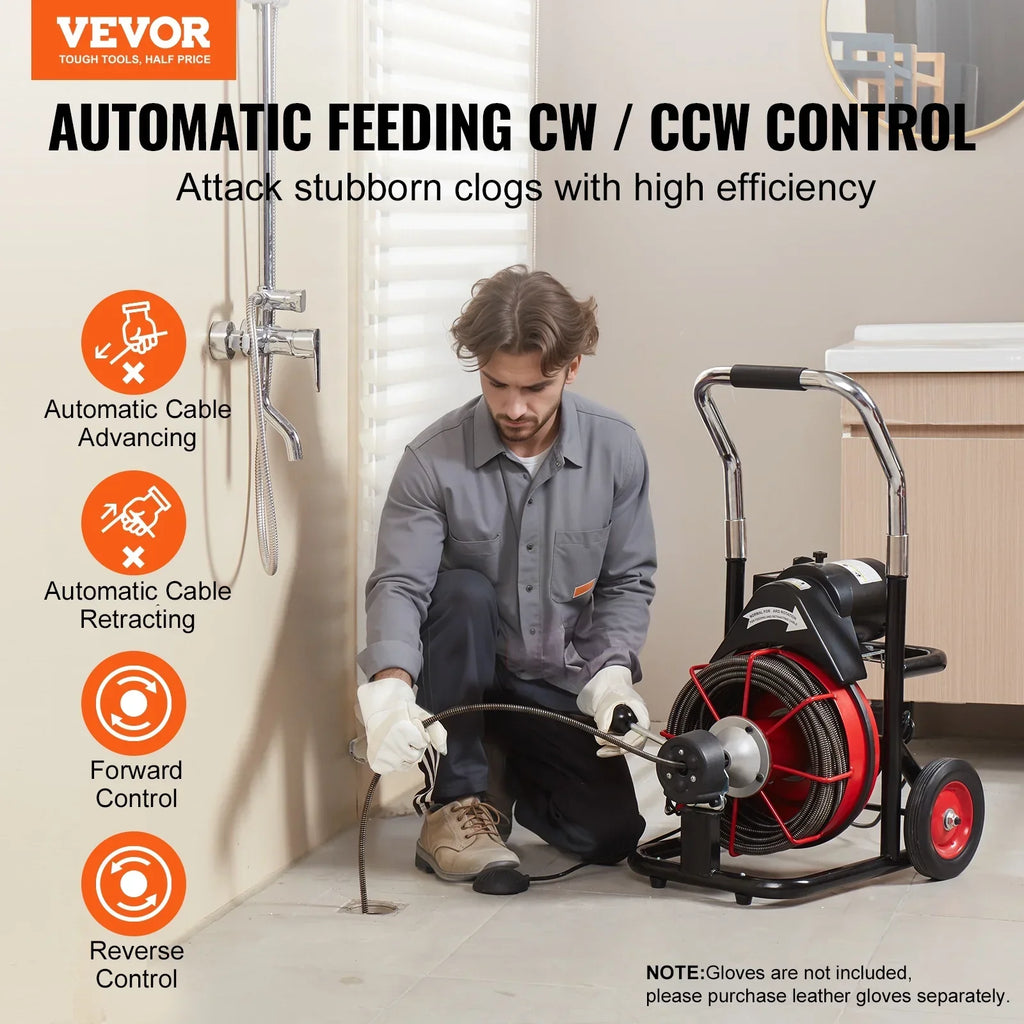 2026 NewVEVOR Drain Cleaner Machine 100FT x 3/8 Inch, Auto Feed Sewer Snake Auger on Wheels, 370W Portable Drain Cleaning Machine with 8 Cutters & Air-activated Foot Switch for 2" to 4" Pipes