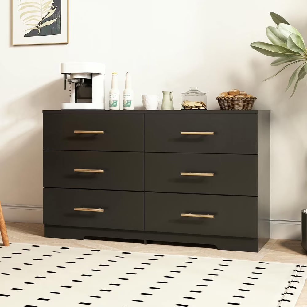 2026 NewKadyn Modern 6 Drawer Dresser Wood Cabinet,Dresser for Bedroom, Kitchen Storage Cabinet with Drawers, Chest of Drawers(Black)