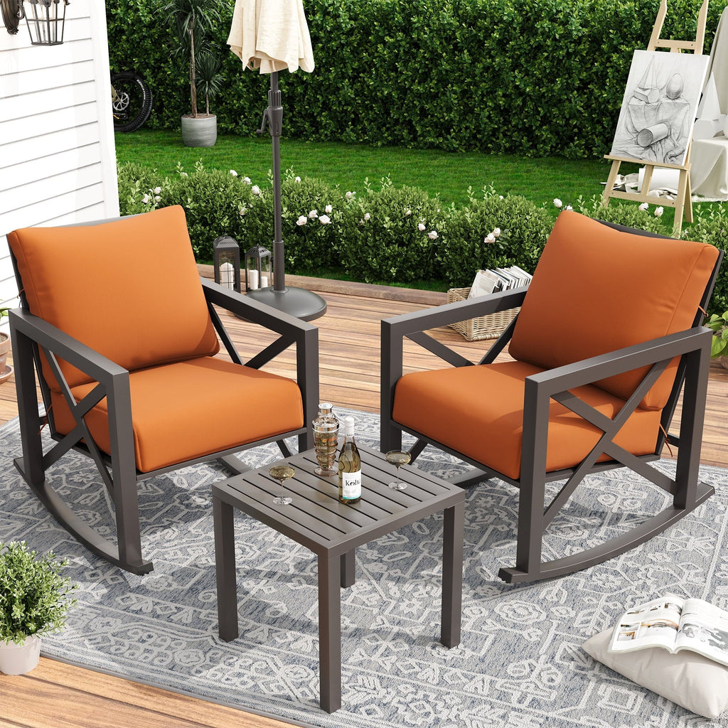2026 NewMRUAKA Rocking Chair Bistro Set,3 Piece Outdoor Patio Furniture Set with 2 Rockers and 1 Metal Coffee Table with Thick Cushions for Porch,Backyard,Poolside,Beige