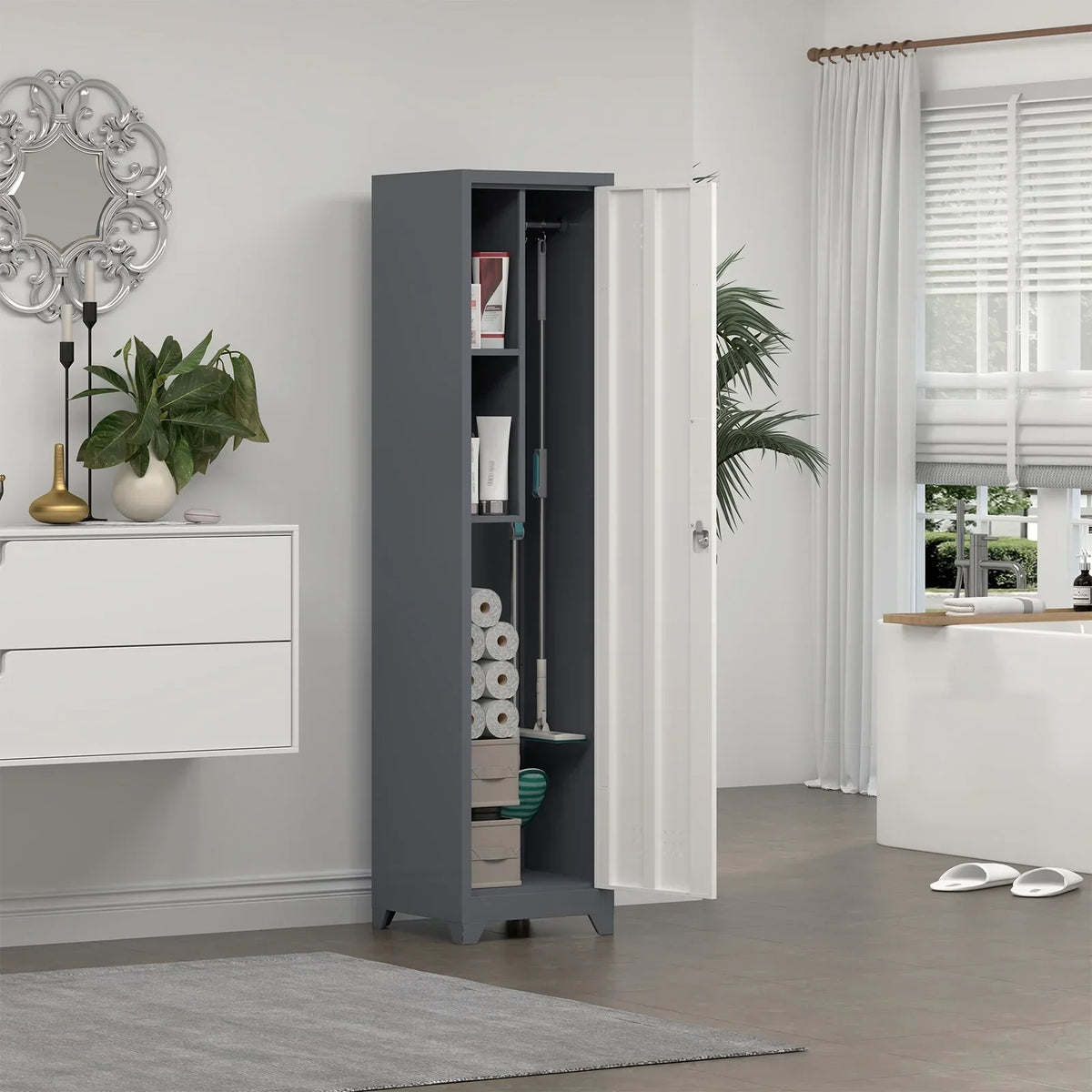 2026 NewMarcree Slim Broom Storage Cabinet, Metal Cabinet with Shelves and Hanging Rod, 65" Utility Storage Cabinet with Locking Door, Tall Cleaning Storage Cabinet for Kitchen, Pantry, Office, Shop, Garage