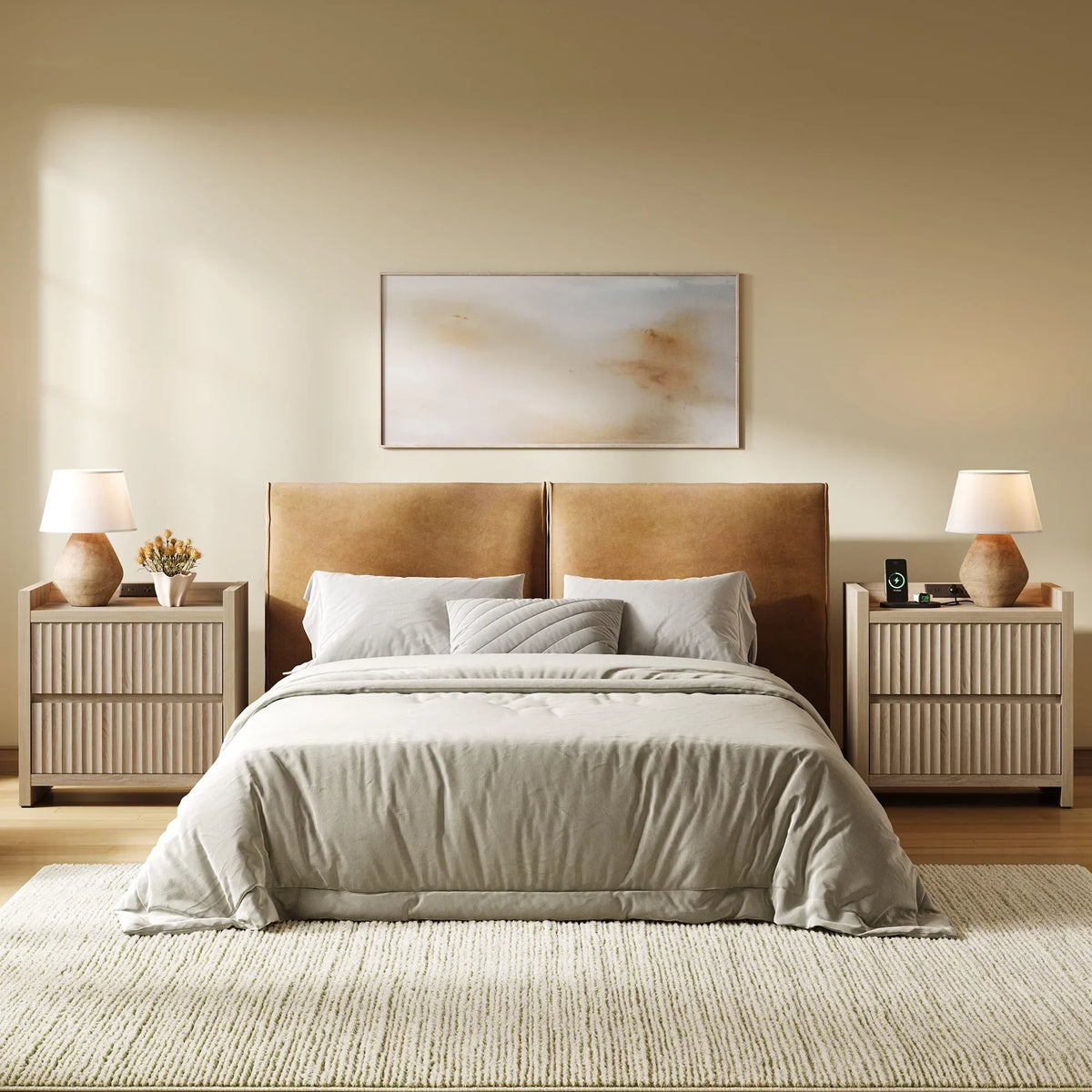 2026 NewSICOTAS 25.4" Wide Nightstand Set of 2 with Charging Station, Modern Night Stand with 2 Fluted Dresser & Handle-Less Storage Farmhouse Bed Side Table for Bedroom, Natural Oak