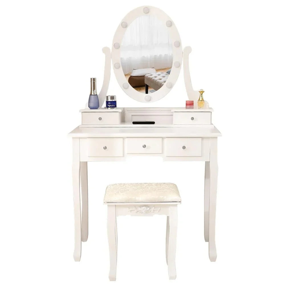 2026 NewKtaxon Vanity Table 10 LED Lights, 5 Drawers Makeup Dressing Desk with Cushioned Stool Set,Bedroom Vanities Set White
