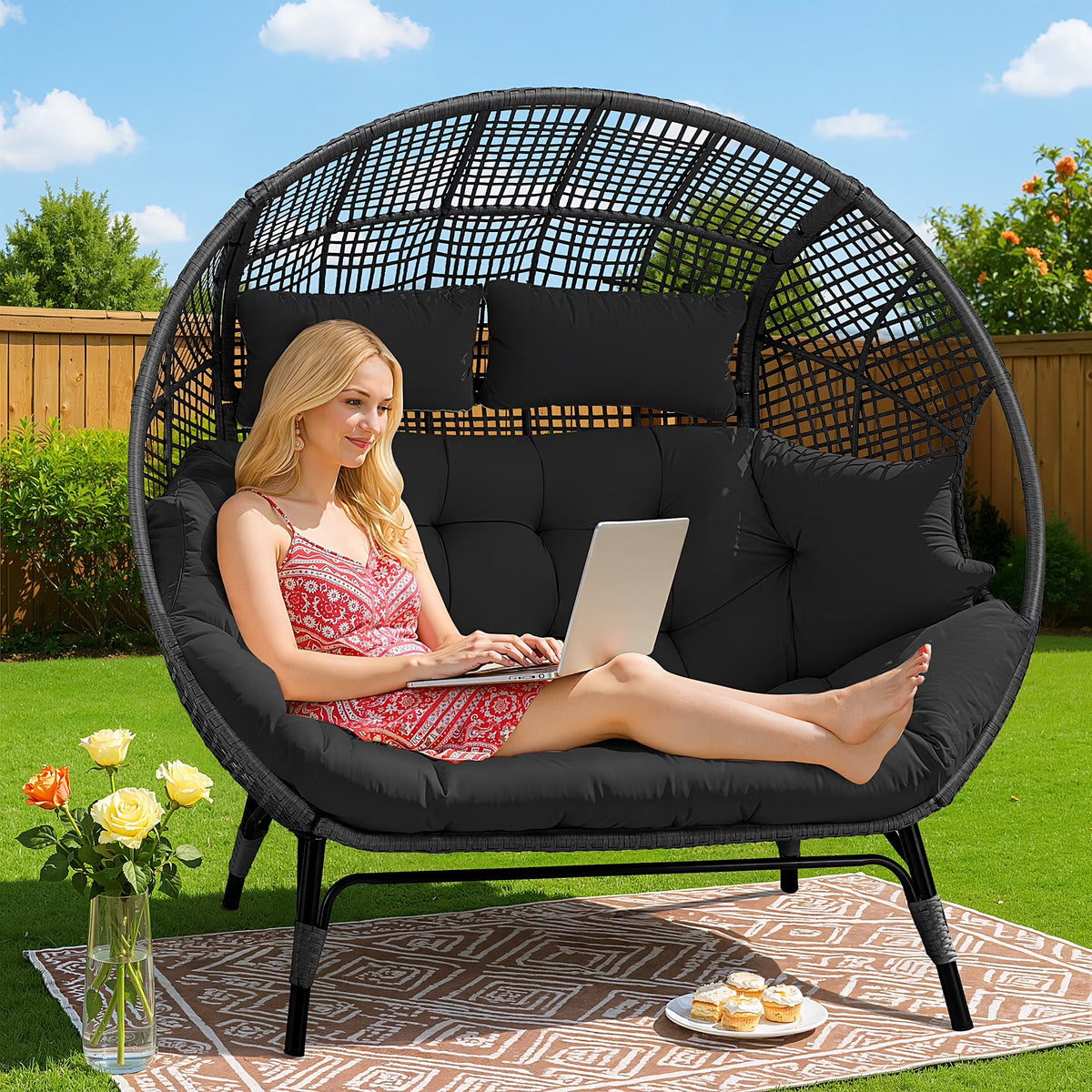 2026 NewRADIATA Double Egg Chair for 2 Person, Oversized Wicker Loveseat with Thick Cushions, 680 lbs Capacity, Indoor Outdoor Stationary Patio Lounge Chair for Balcony, Garden, Beige