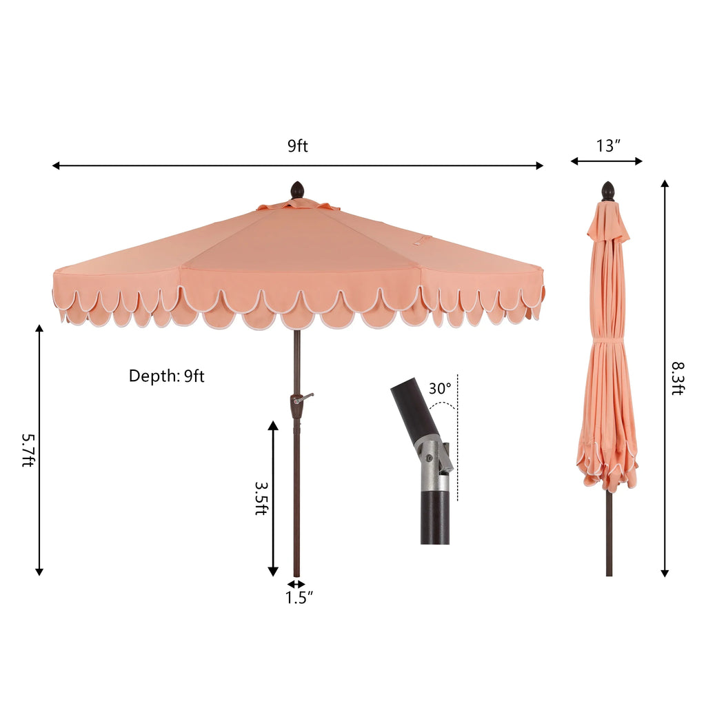 2026 NewJONATHAN Y Tracy 9 ft. Market Patio Umbrella, Classic Mid-Century Scalloped Fringe, with Auto-Tilt Crank, Wind Vent and UV Protection, Coral Pink/White, Dark Brown Pole