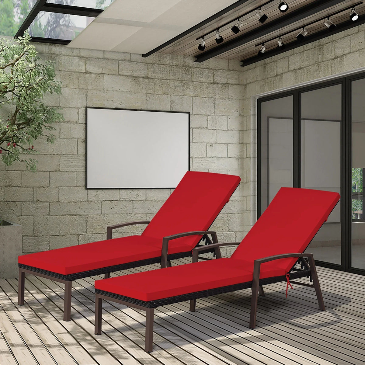 2026 NewCostway 2PCS Patio Rattan Lounge Chair Chaise Recliner Back Adjustable Cushioned Red