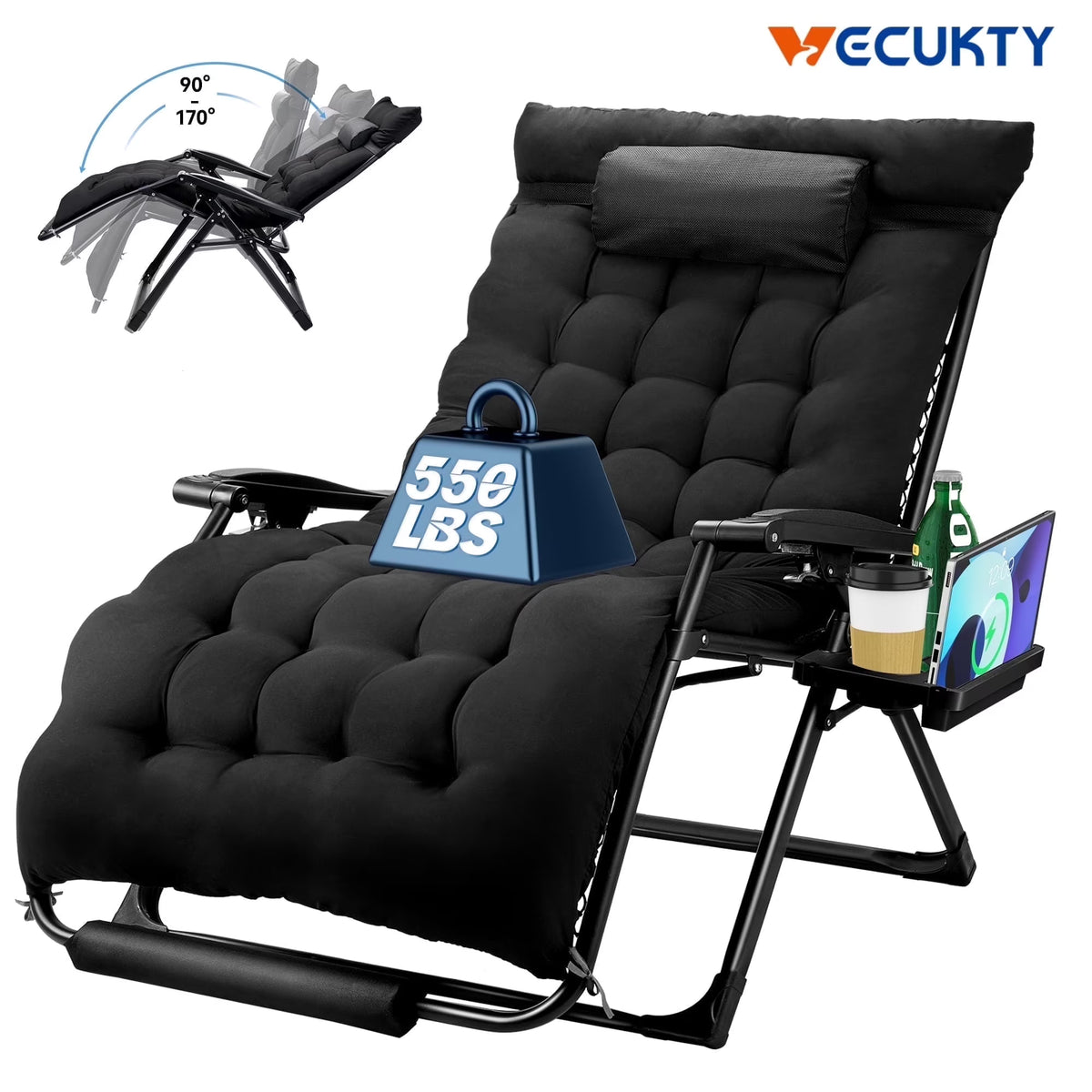 2026 NewVECUKTY XXL Oversize Zero Gravity Chair - 500lb Capacity, 33-Inch Wide Padded Seat, Folding Travel Recliner for Outdoor / Indoor Use - Patio, Lawn, Black, Portable and Heavy Duty