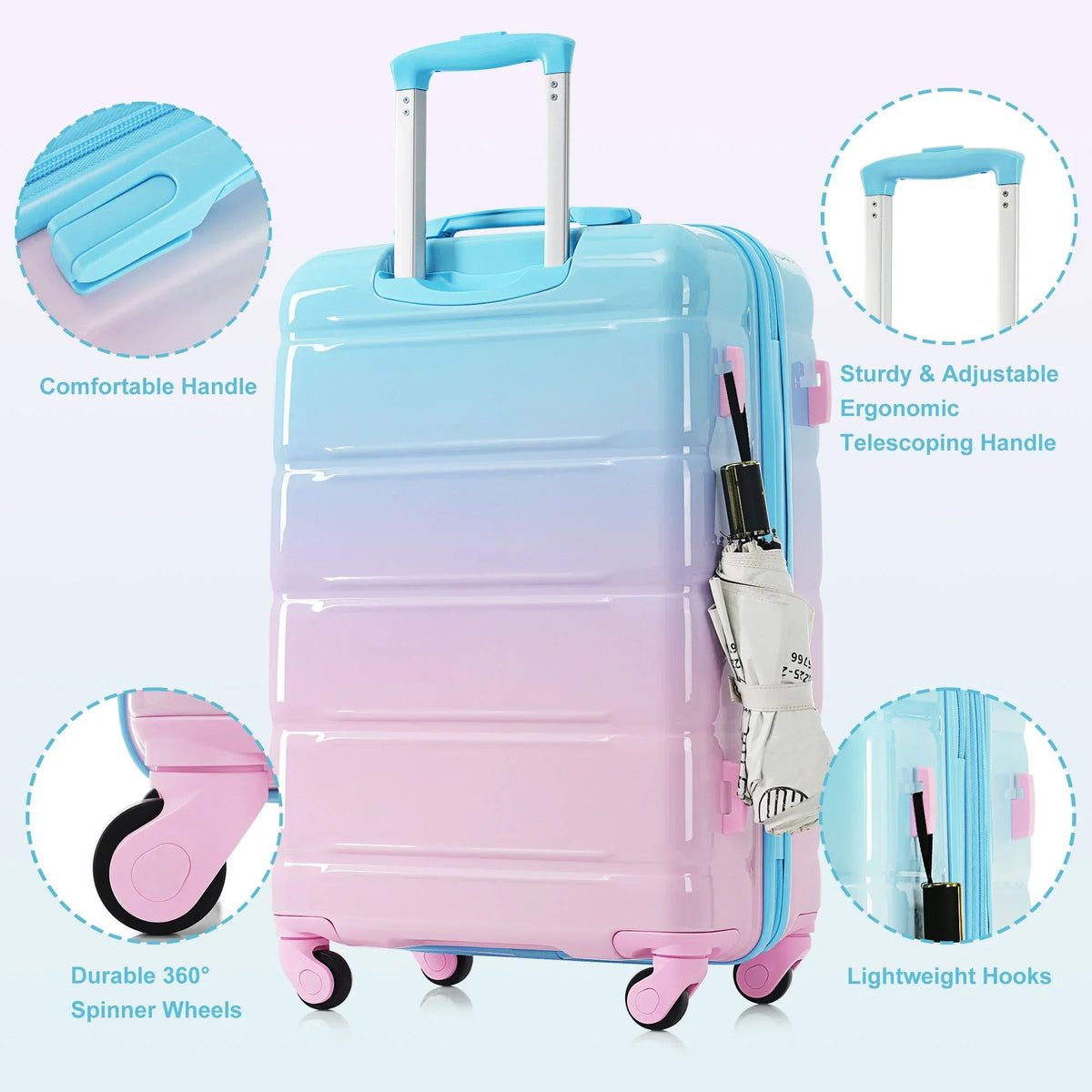 2026 NewPAPROOS 3-Piece Luggage Set (20''/24''/28''), Hardshell Lightweight Suitcase with USB Port and Side Hooks, Travel Luggage with TSA-Lock, Hardside Rolling Luggage for School, Travel, Pink