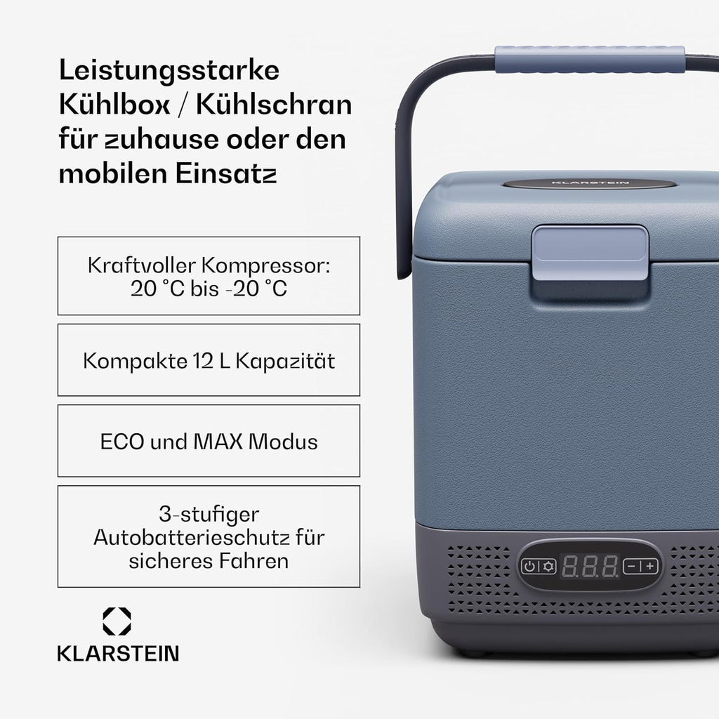 2026 Nevera portátil Klarstein SwiftFrost de 12 litros con compresor y compartimento congelador: nevera eléctrica portátil, pantalla LED, doble alimentación (12 V/230 V), de -20 °C a 20 °C, modos ECO y MAX, ideal para acampadas y coches.