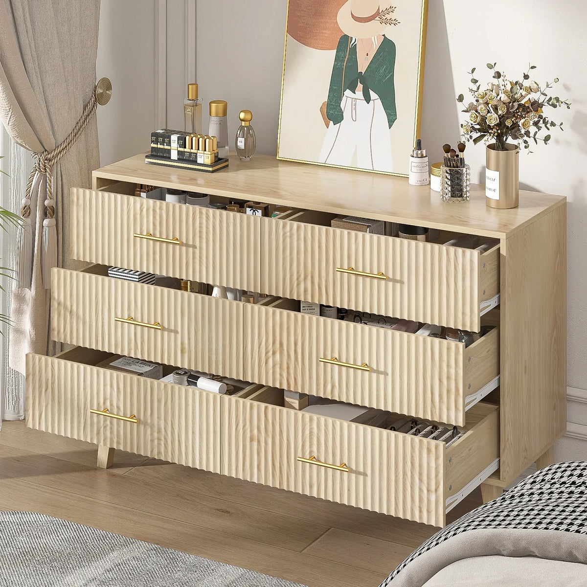 2026 NewFluted 6 Drawers Dresser, Wide Modern Chest of Drawers, 6 Drawer Double Dresser