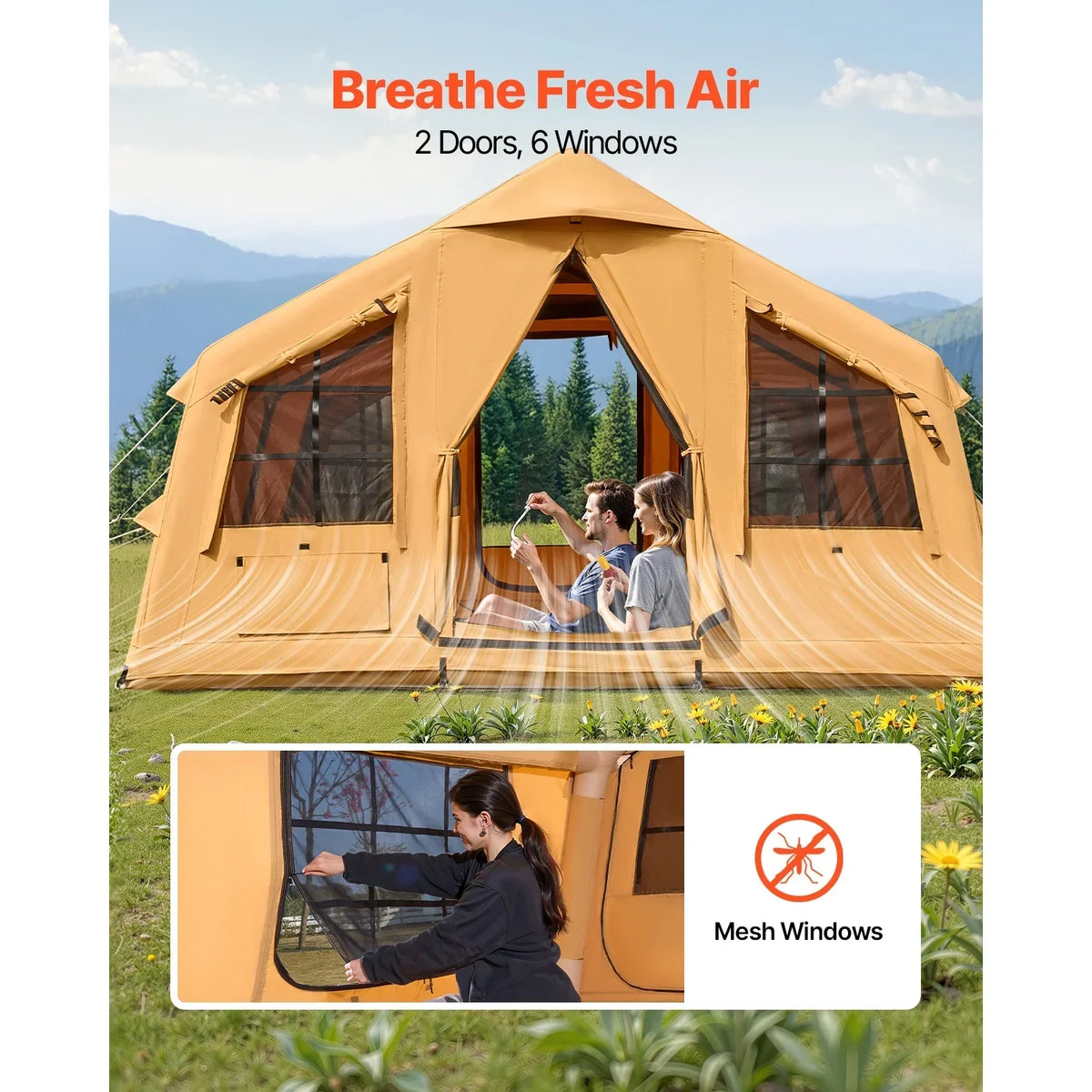2026 NewKFFKFF Inflatable Camping Tent for 8-12 Person, 15.75 x 11.81 x 7.22 Ft Glamping Blow up Tent with Hand Pump, Waterproof Air Tent, All-Weather Camping Shelter with Dual Sunroofs, Stove Jack