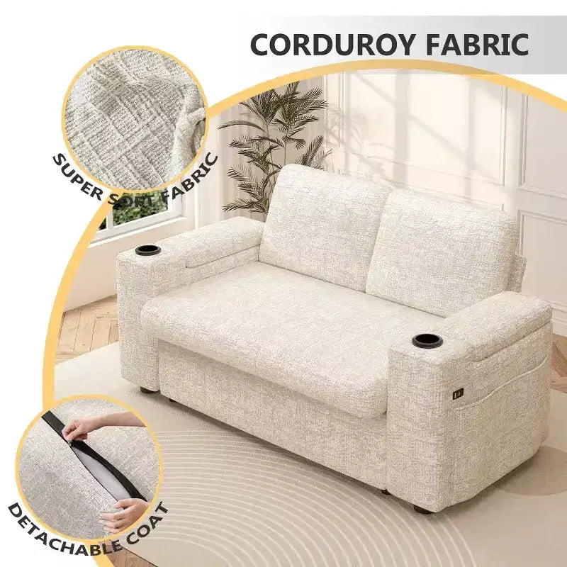 2026 Dyonery Sofá cama 4 en 1 de 65,5" con respaldos ajustables, carga USB/Type-C, portavasos y bolsillos, verde
